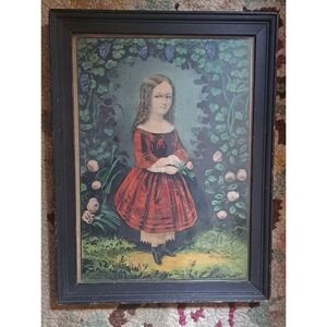 Antique 1865 Currier & Ives Framed Hand Colored Lithograph Young Girl Roses